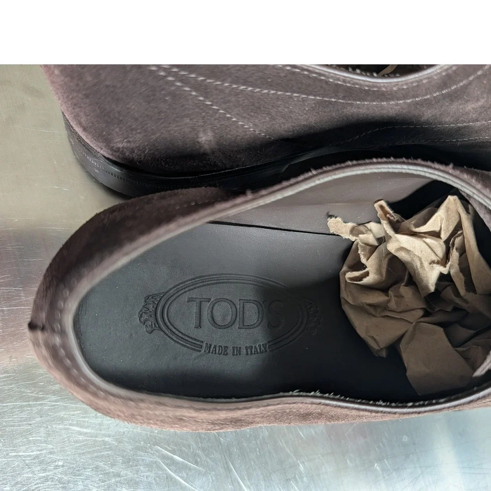Tods Mens Dark Brown Suede Derby Shoes Apron Toe Lace Up Italy Size 10